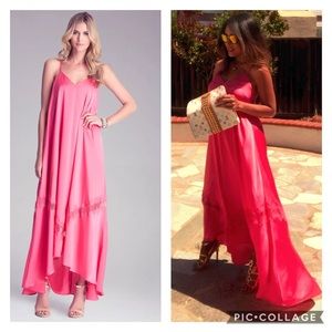 BEBE PINK LACE INSERT RACERBACK MAXI DRESS